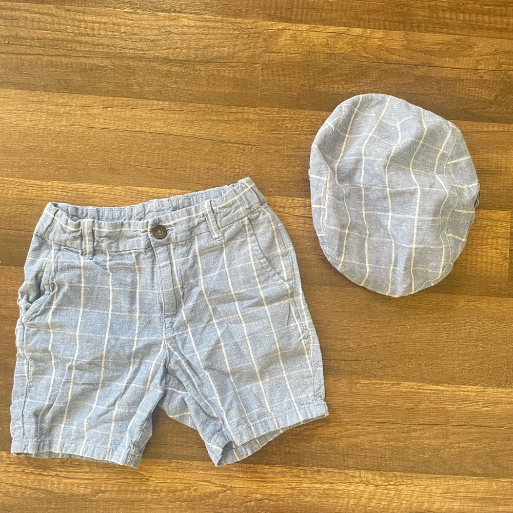 Janie and Jack Light Blue Windowpane Shorts & Cap Set